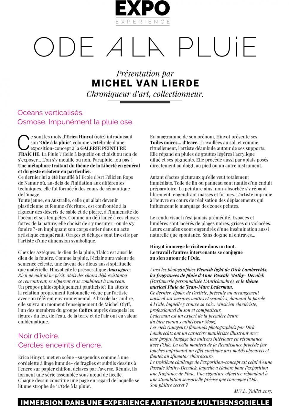 Text Michel Van Lierde collector art columnist exhibition Erica Hinyot - Freedom artistic act Cambre Cobra - Anaxagore